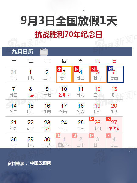 9月3日抗戰勝利70年紀念日全國放假1天